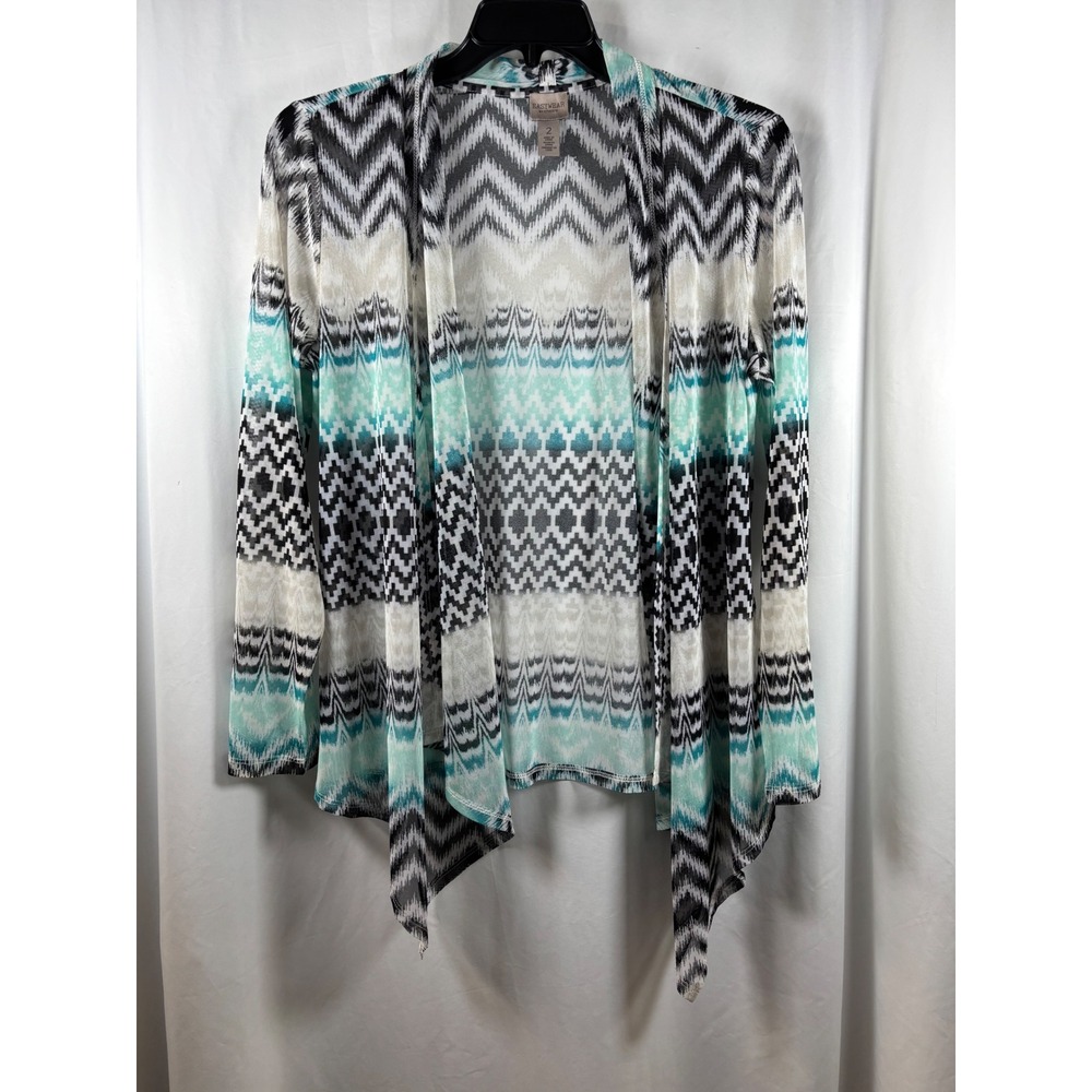 Easywear by Chicos Womens Size 2 Teal Black Chevron Mesh Open Front Cardigan